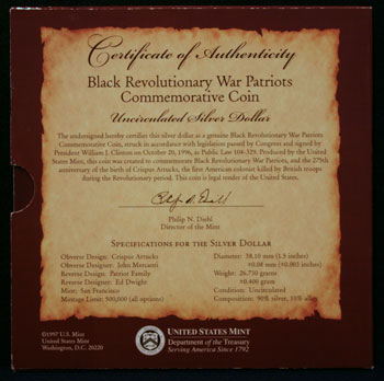 Young Collectors Coin Sets 1998 Black Patriots coin package back