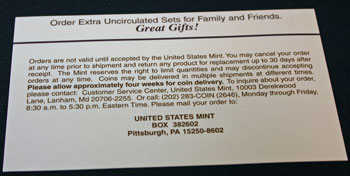 1998 Mint Set reorder form instructions
