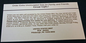 1998 Mint Set reorder form instructions