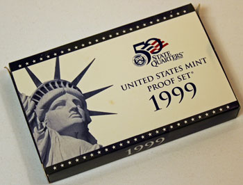 1999 Proof Set front of US Mint box of proof coins 1999 Proof Set front of US Mint box of proof coins