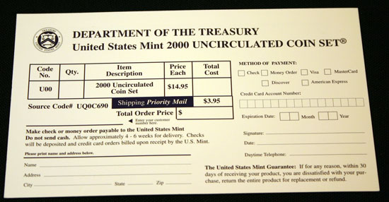 2000 Mint Set re-order card for more uncirculated coins 2000 Mint Set re-order card for more uncirculated coins