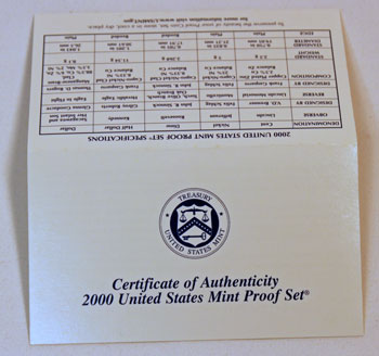 2000 Proof Set certificate of authenticity outside