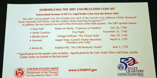 2001 Mint Set inside top of Denver insert describing uncirculated coins