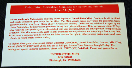 2001 Mint Set gift card insert describing uncirculated coins