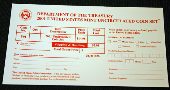 2001 Mint Set reorder form for uncirculated coins
