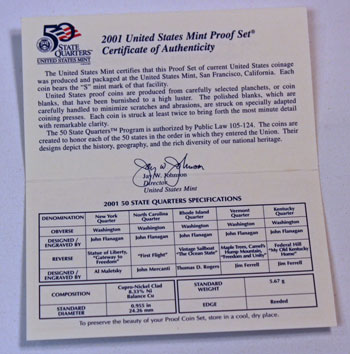 2001 Proof Set certificate of authenticity inside
