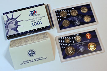 2001 Proof Set opened showing proof coins and contents