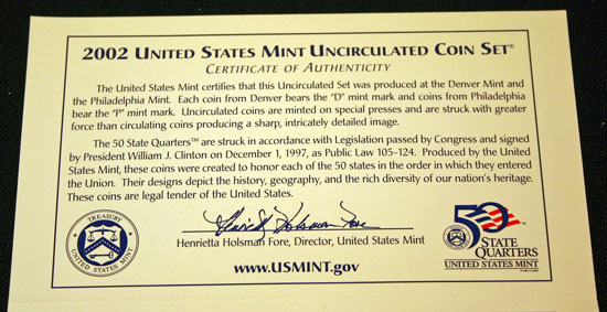 2002 Mint Set top of inside of insert describing the uncirculated coins