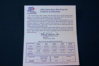2002 Proof Set certificate inside