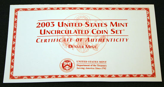 2003 Mint Set front of insert