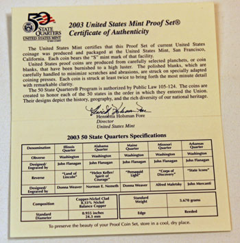 2003 Proof Set certificate of authenticity inside