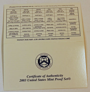 2003 Proof Set certificate of authenticity outside