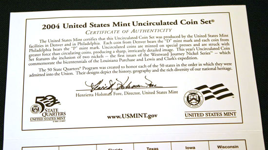 2004 Mint Set top of inside Certificate of Authenticity 2004 Mint Set top of inside Certificate of Authenticity