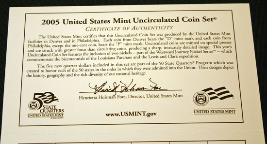 2005 Mint Set top of the inside of the Certificate of Authenticity