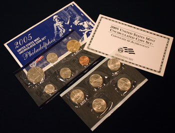 2005 Mint Set Philadelphia envelope opened showing uncirculated coins