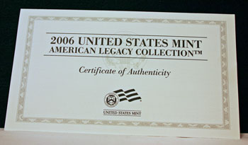2006 American Legacy Collection Proof Coins Set certificate of authenticity front 2006 American Legacy Collection Proof Coins Set certificate of authenticity front