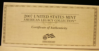 2007 American Legacy Collection Proof Coins Set Certificate of Authenticity front