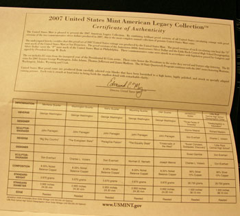 2007 American Legacy Collection Proof Coins Set Certificate of Authenticity inside