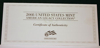 2008 American Legacy Proof Coins Set certificate front
