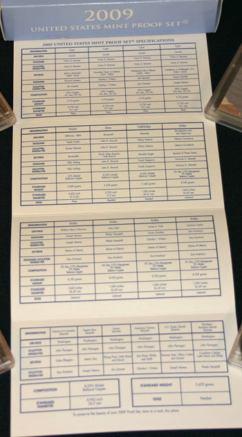 1009 Proof Set Certificate of Authenticity coin specifications