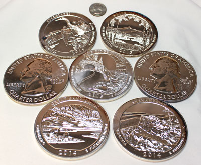 America the Beautiful silver five-ounce quarter dollar coins