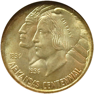 Arkansas Centennial Half Dollar commemorative coin reverse with Indian and Liberty Arkansas Centennial Half Dollar commemorative coin reverse with Indian and Liberty