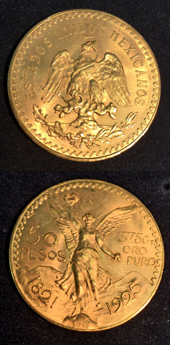 Gold 50 Pesos coin 1925 obverse and reverse views