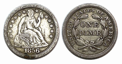 Seated Liberty Dime Coin 1856 Large Date Philadelphia