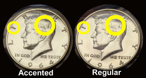 1964 Kennedy half dollar coin comparison with accented hair noted