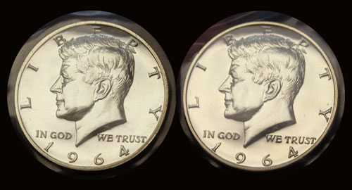 1964 proof Kennedy Half Dollar Coin comparison accented versus regular hair