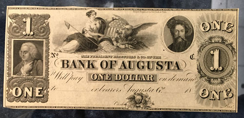 Bank of Augusta One Dollar Note mid-1800s
