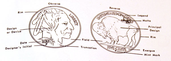 Description of different elements of Buffalo Five Cent Coin