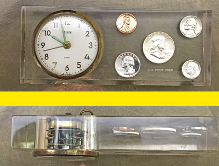 Vintage Elgin Alarm Clock Acrylic with 1963 proof set coins