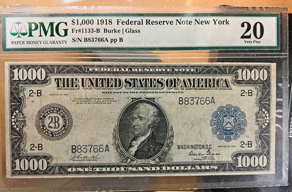 1918 $1000 Federal Reserve Note Blue Seal Burke-Glass
