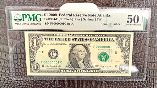 Federal Reserve Bank of Atlanta one dollar note with serial number 1
