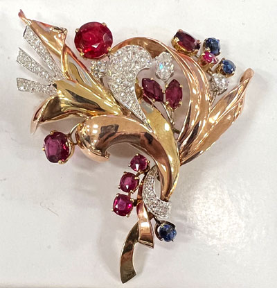 Diamond, Ruby and Sapphire Brooch