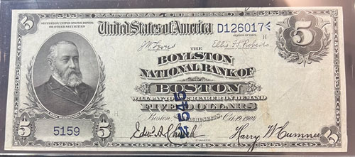 Five Dollar National Bank Note Boylston National Bank of Boston obverse