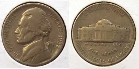 Jefferson Five Cent Coin 1938-S San Francisco
