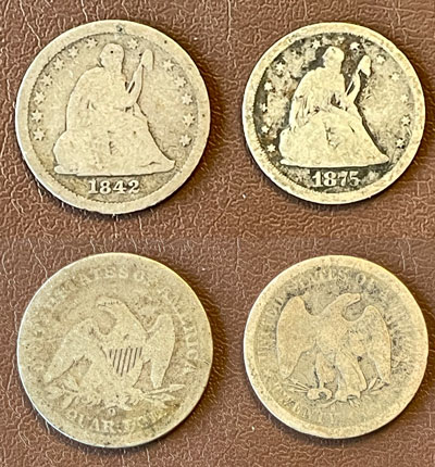 liberty seated quarter dollar and twenty cent coins
