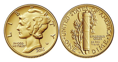 2016 100th anniversary gold mercury dime obverse and reverse