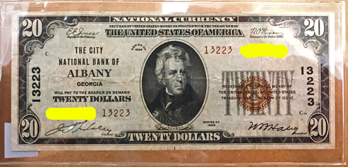 National Currency Note City National Bank of Albany $20 Brown Seal 1929 Series