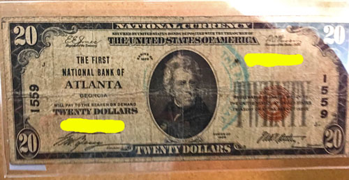 National Currency Note The First National Bank of Atlanta $20 Brown Seal 1929 Series