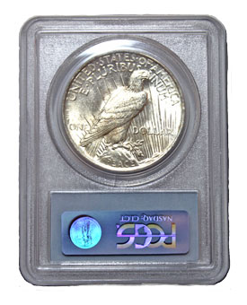 Peace dollar in PCGS holder - reverse view