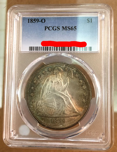 Liberty Seated Silver Dollar Coin 1859-O PCGS MS-65 Obverse