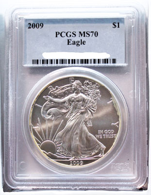 2009 American Silver Eagle dollar coin graded PCGS MS-70