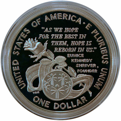 Special Olympics 1995 commemorative silver dollar reverse Special Olympics 1995 commemorative silver dollar reverse