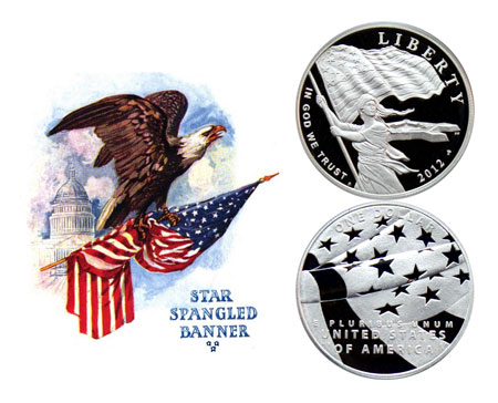 Star Spangled Banner Commemorative Silver Dollar Coin with eagle grasping flag in front of the capitol dome