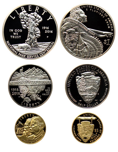 National Park Service commemorative silver dollar, clad half dollar, gold five-dollar obverse and reverse